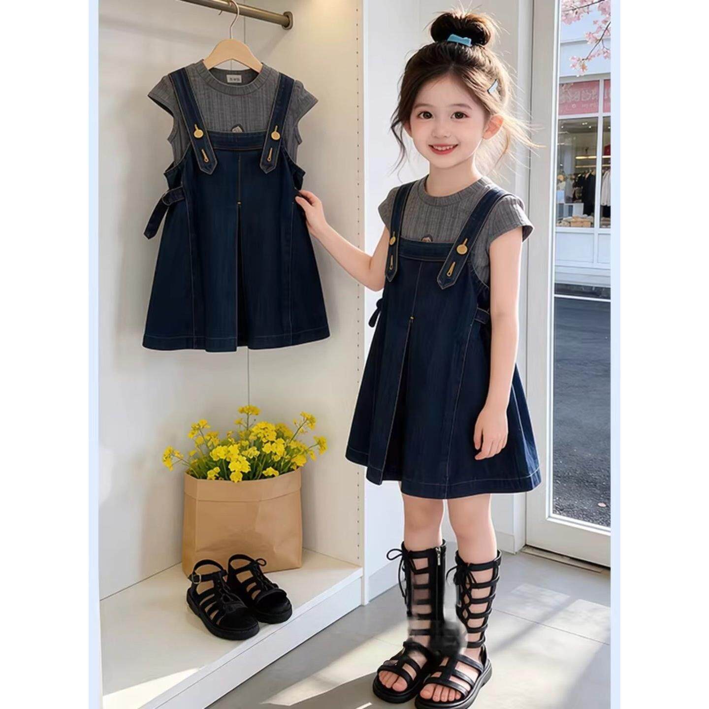 女童无袖吊带裙套装2026新款夏季飞袖面膜T恤背心牛仔连衣裙薄款8