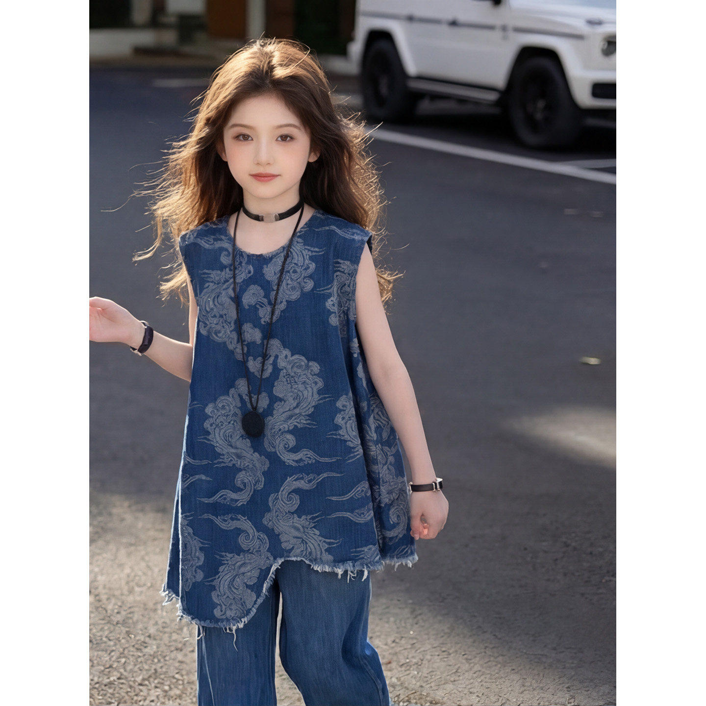 女童夏款套装2026新款洋气女大童夏季牛仔提花背心裙阔腿裤两件套