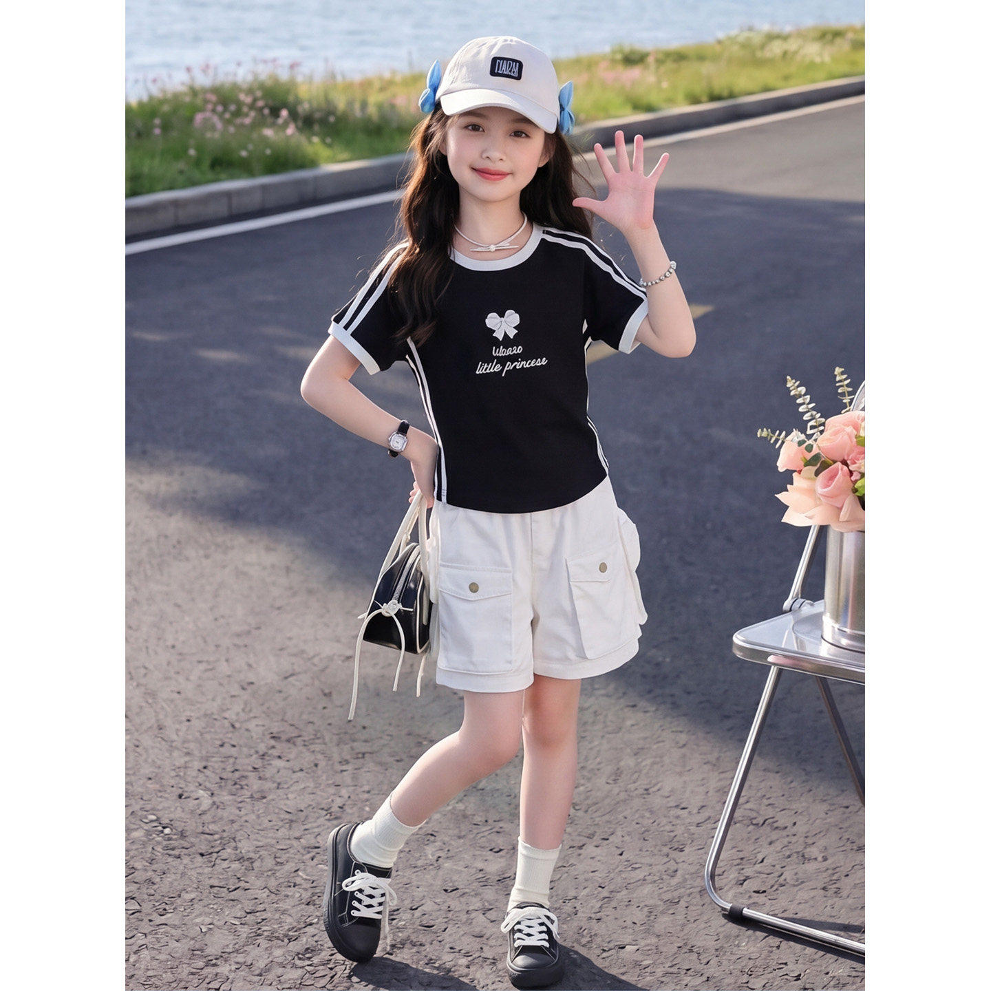 女童夏季套装2026新款韩范修身短袖T恤工装短裤中大童 甜酷两件套