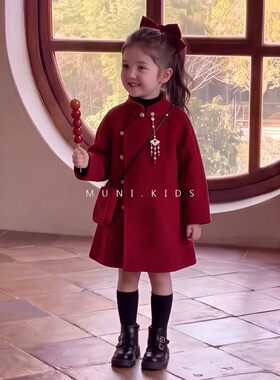 女童红色毛呢大衣冬装儿童过年穿