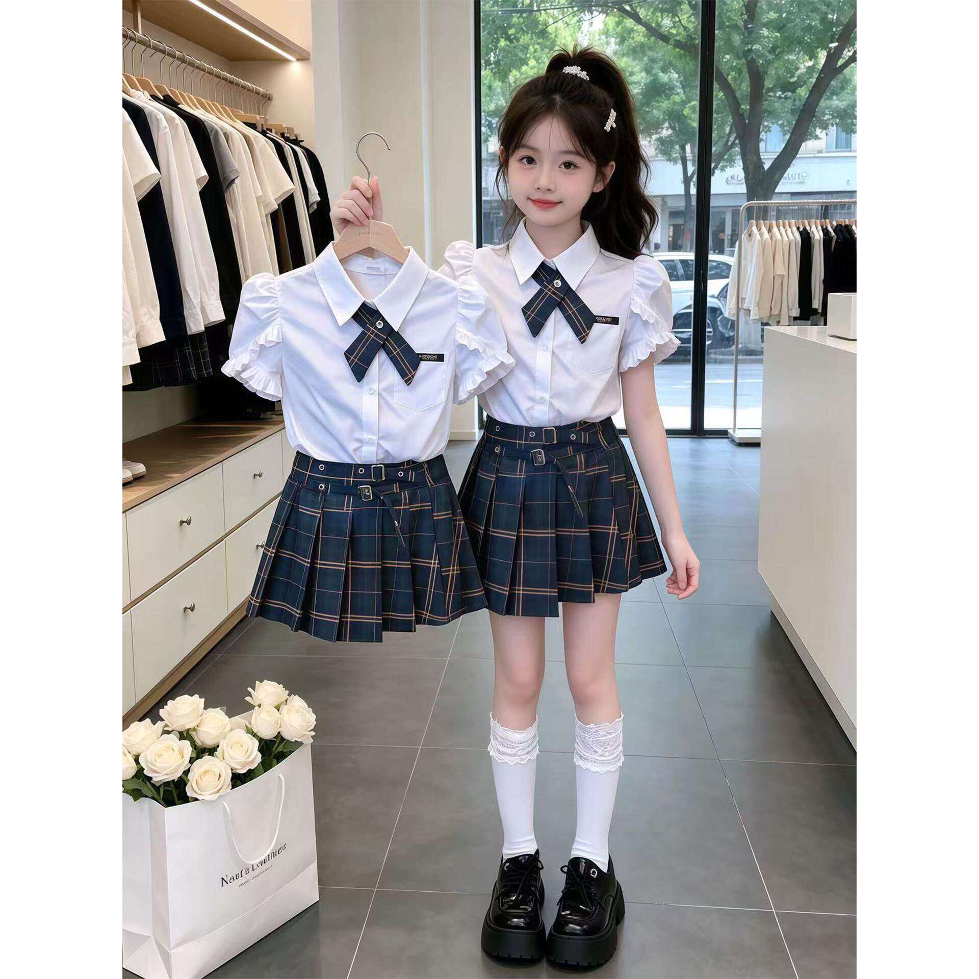 学院风jk制服女童套装夏季蝴蝶结短袖衬衫格子百褶裙两件套2026夏