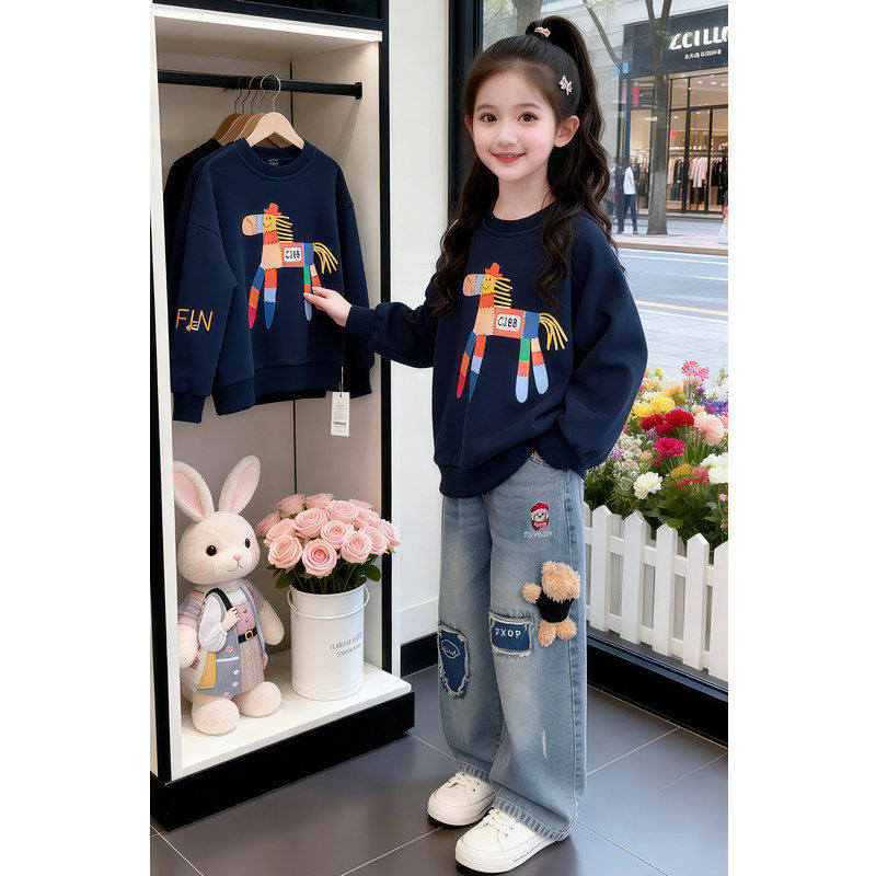 女童春装超好看卡通卫衣套装2026新款女大童小熊牛仔裤儿童阔腿裤