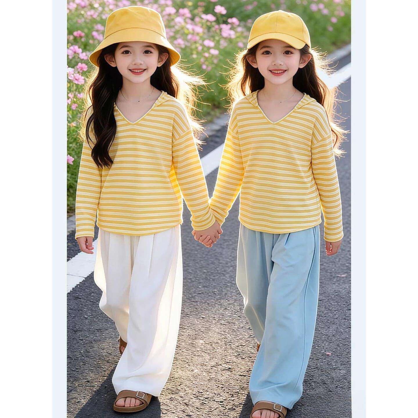 女童条纹连帽T恤奶芙裤套装春夏2026新款薄款长袖上衫山本裤防晒