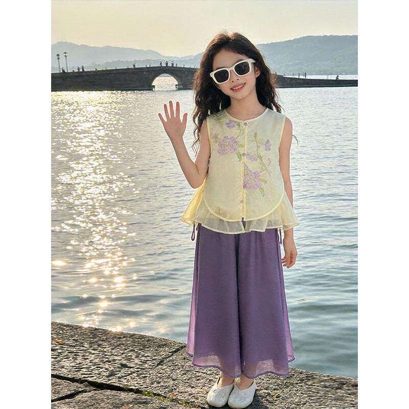 女童夏季国风套装2026新款儿童韩版洋气新中式刺绣背心裤子两件套