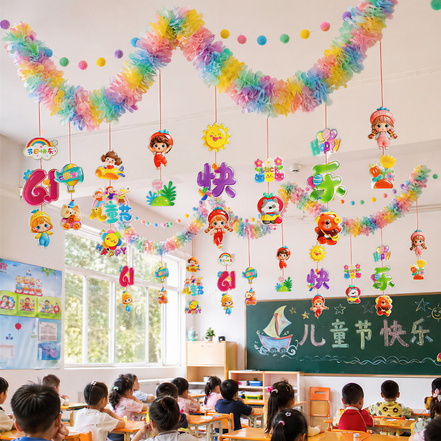 六一儿童节教室布置拉旗拉花彩带小学幼儿园61活动派对场景装饰品