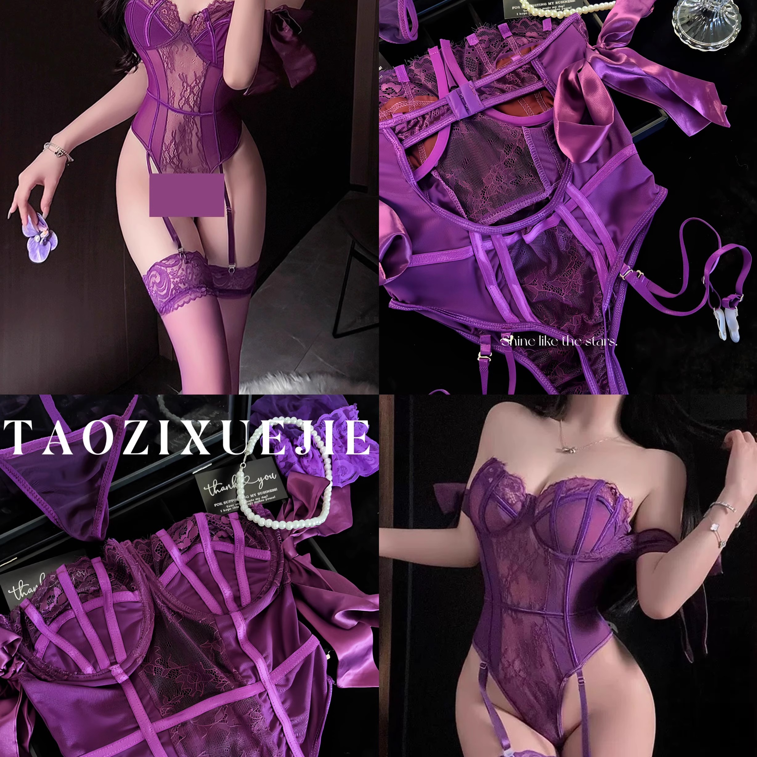 （紫色巴黎）纯欲蝴蝶结鱼骨胸衣~紫色蕾丝法式内衣吊带