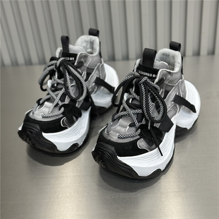 2025冬百搭休闲舒适松糕底ins潮 洋气皮面高帮加绒老爹鞋 韩版 时尚