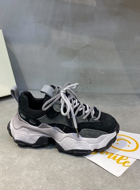 东大门2023秋ins网红超火高级灰色厚底老爹鞋女真皮透气网运动鞋