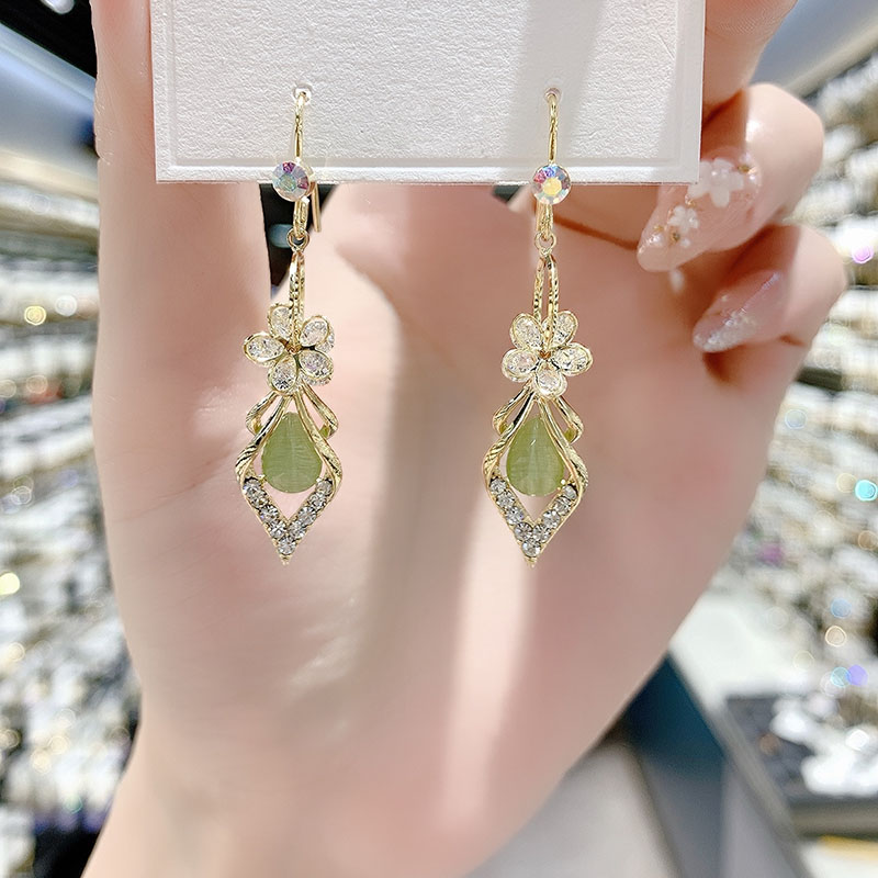 绿色猫眼石几何菱形耳环茶系