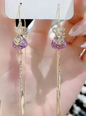 高级感小众设计紫色水晶耳环女轻奢气质耳线长款流苏耳坠吸睛耳饰