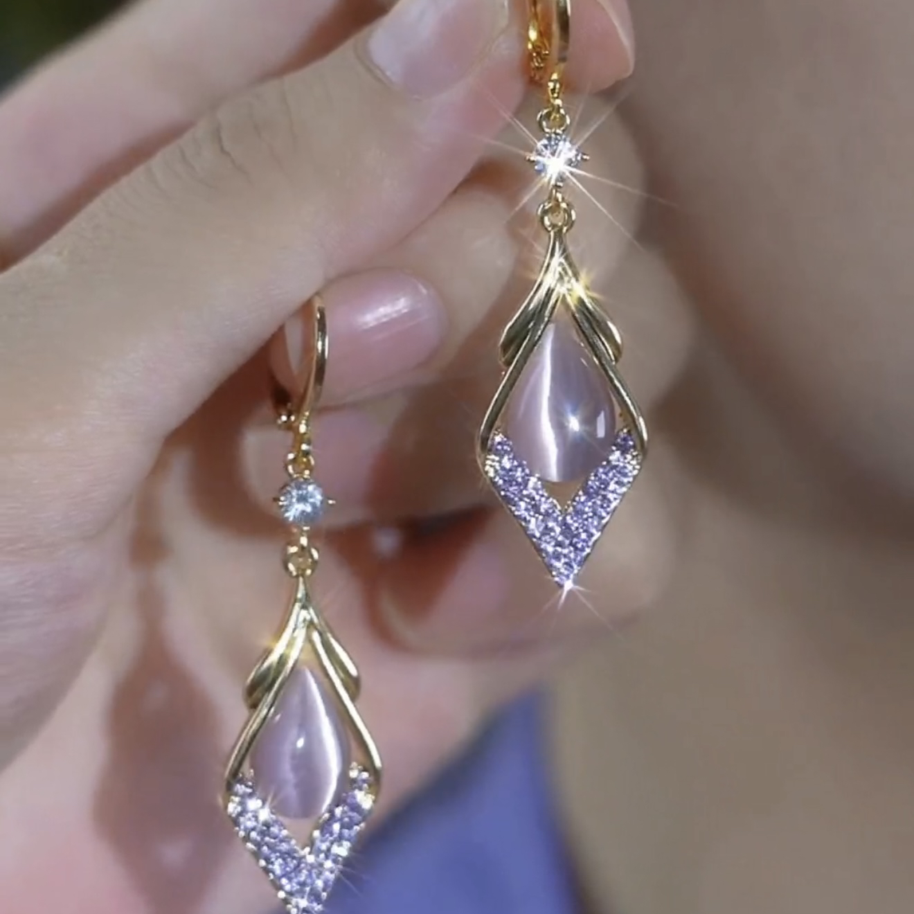 紫色猫眼石菱形耳环耳扣