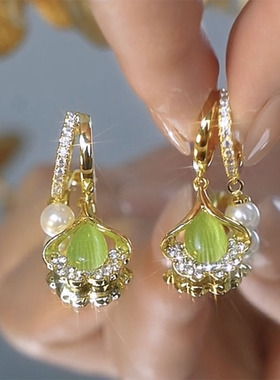 绿色猫眼石珍珠耳扣小众设计感银杏叶耳坠气质轻奢耳环高级感耳饰