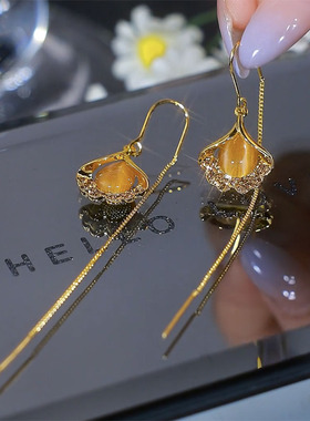 925银针长款咖色猫眼石银杏叶耳线气质高级感耳环显脸瘦轻奢耳饰