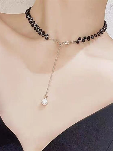 水波链女黑水晶项链简约颈链网红