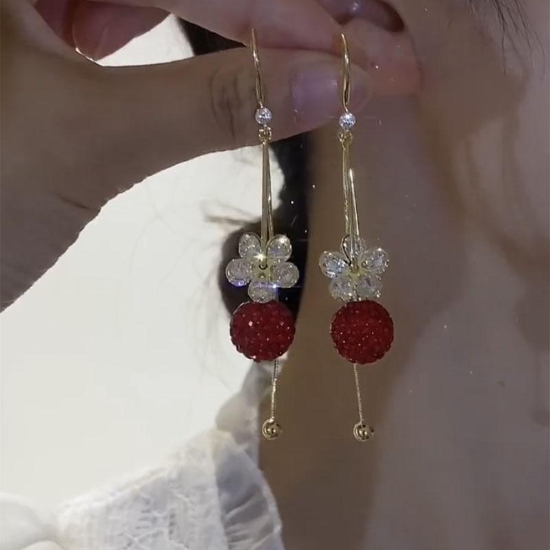 新年红色球球流苏耳环气质长款锆石花朵耳坠小众设计本命年耳饰女