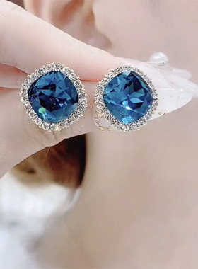 蓝色水晶耳钉耳环女2025年新款潮小众设计高级感轻奢网红秋冬耳饰