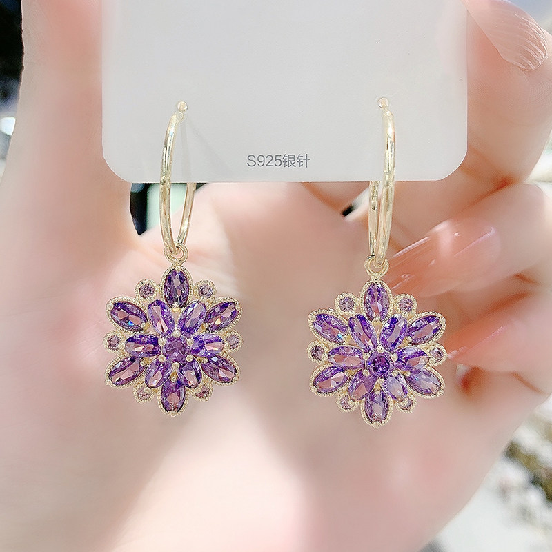 S925银针紫色锆石花朵耳环耳坠超闪气质高级感网红耳饰耳圈耳扣女