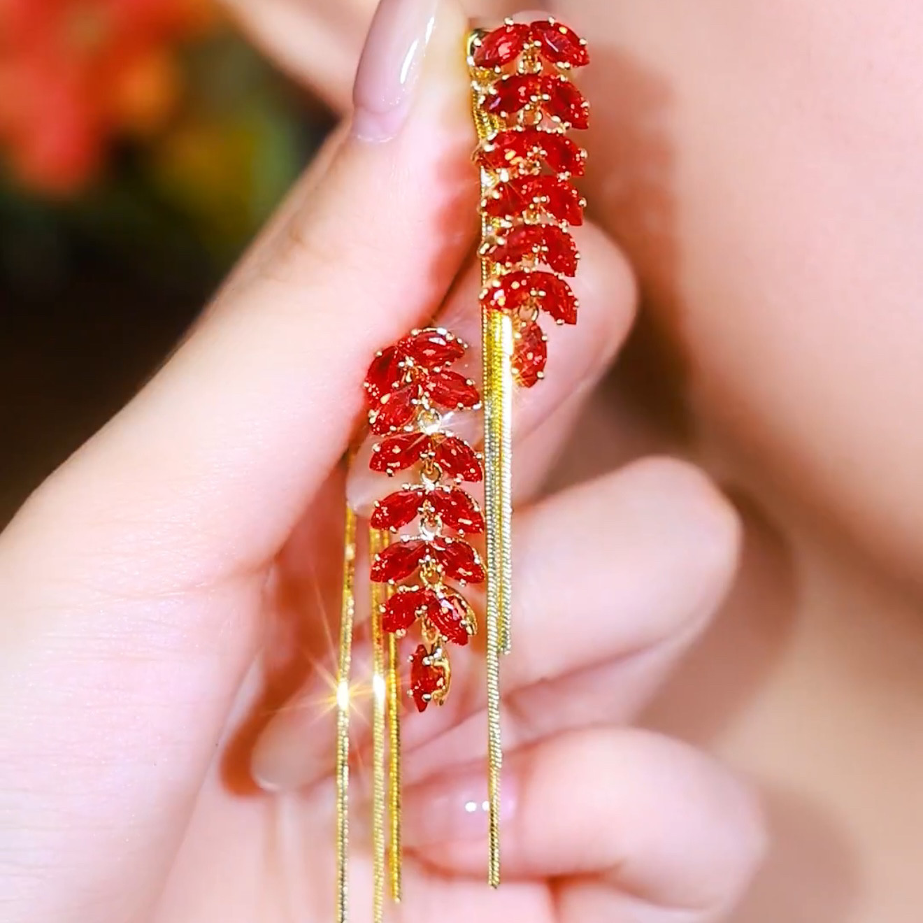 小众红色长款麦穗锆石流苏耳环