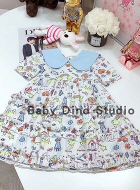 现货Baby Dino定制款女童蓝色翻领彩虹汽车仙人掌图案印花连衣裙
