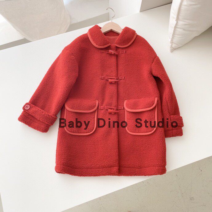 现货Baby Dino定制款女童牛角扣单排扣羊羔毛圣诞新年红外套