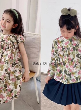 现货Baby Dino定制款女童荼蘼繁花印花棉麻长袖上衣短袖连衣裙