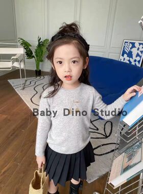 女童灰色羊绒套头针织毛衣上衣