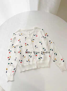 现货Baby Dino定制款女童彩色樱桃精梳棉纱线单排扣针织开衫