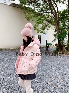 现货Baby Dino定制款女童马卡龙粉色星星90白鸭绒连帽羽绒服外套