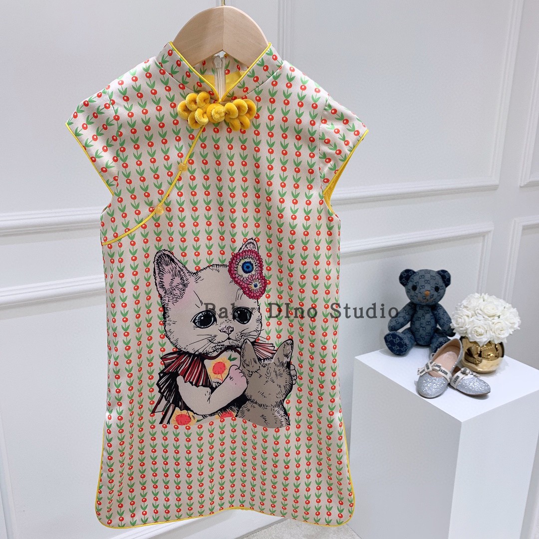 现货Baby Dino定制款女童复古蓝白条纹+小猫咪童趣旗袍连衣裙夏季