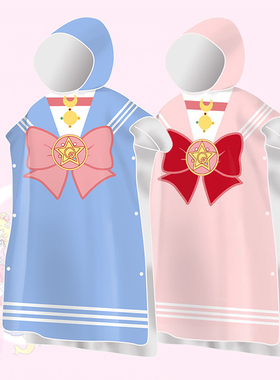 现货浅蓝色新款少女战士潜水斗篷游泳速干浴巾卡通带帽披风防晒