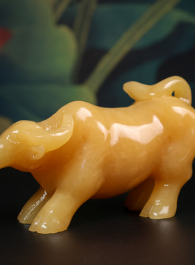 天然米黄玉石十二生肖牛摆件