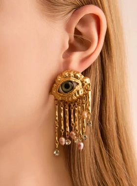 中古个性恶魔之眼珍珠流苏耳环轻奢高级感耳钉戒指项链套装配饰女