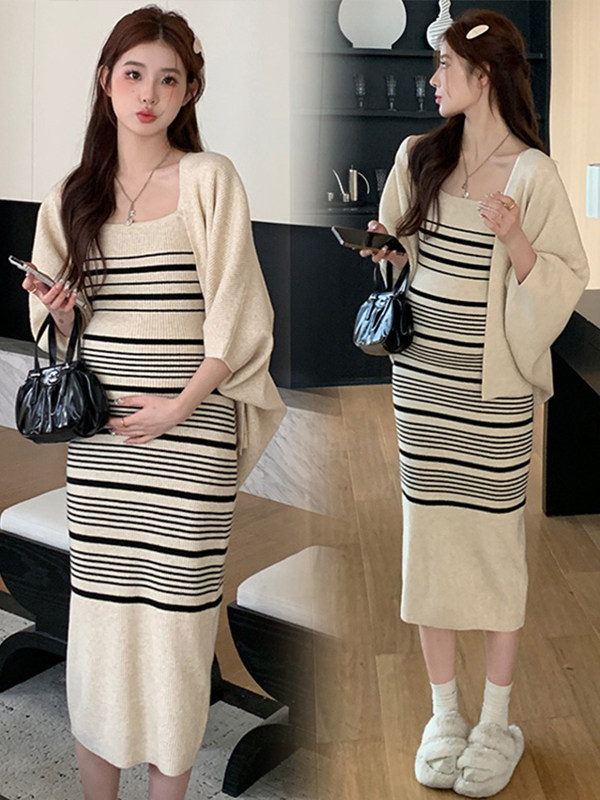 출산 가을 드레스 2024 새로운 정장 서양식 가을 겨울 유행 줄무늬 게으른 스타일 투피스 세트 초가을