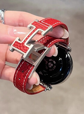 适用华为柔软荔枝纹H磁吸扣华为gt5真皮表带gt4女款watchgt3