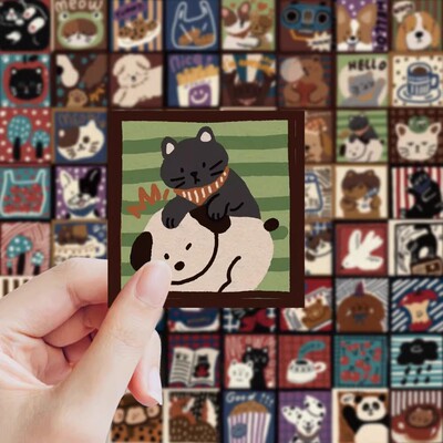 418张美式复古贴纸棕色卡通小猫小狗美拉德动物插画装饰防水贴画