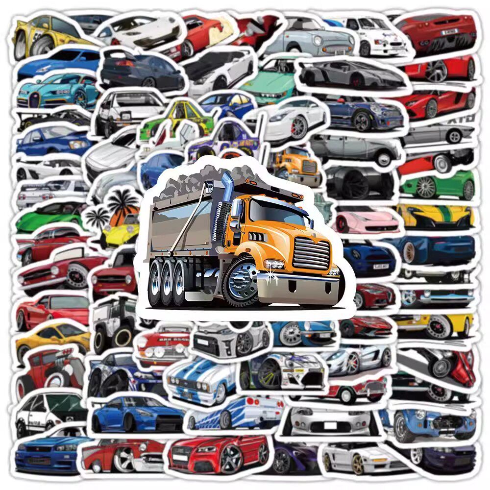 630张小汽车贴纸炫酷卡通跑车赛车消防车交通工具装饰diy贴画素