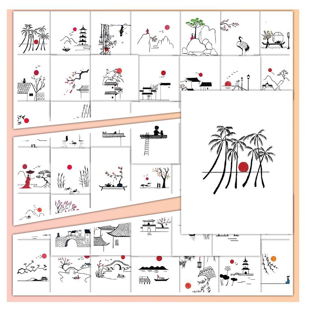 162张山水简笔画一学就会系列初学入门线描古风素材防水贴diy手账