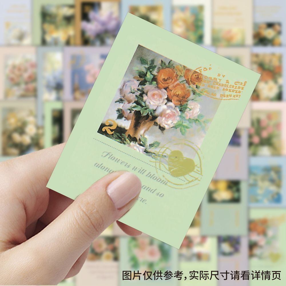 200张花卉邮票贴纸复古油画ins花卉手机手账素材标签装饰防水贴画