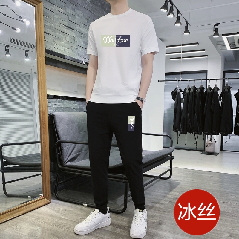 男士短袖t恤套装夏季运动服冰丝薄款潮流帅气休闲跑步长裤两件套