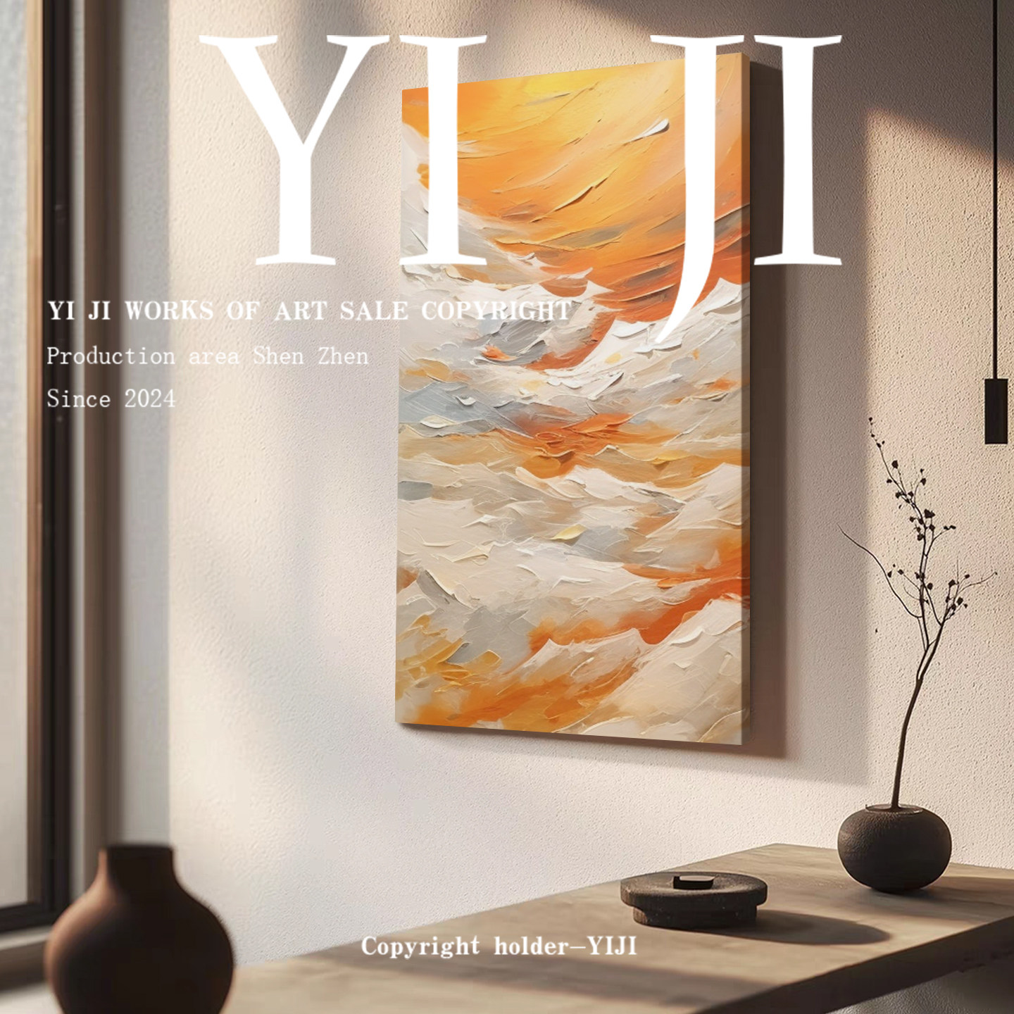 YJ.ART原创手绘《灿阳熔金》轻奢风竖版氛围感朝阳云海玄关装饰画