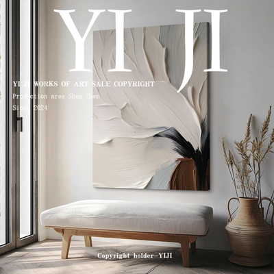 YJ.ART原创手绘《翎絮未央》侘寂风客厅极简抽象高档装饰肌理油画