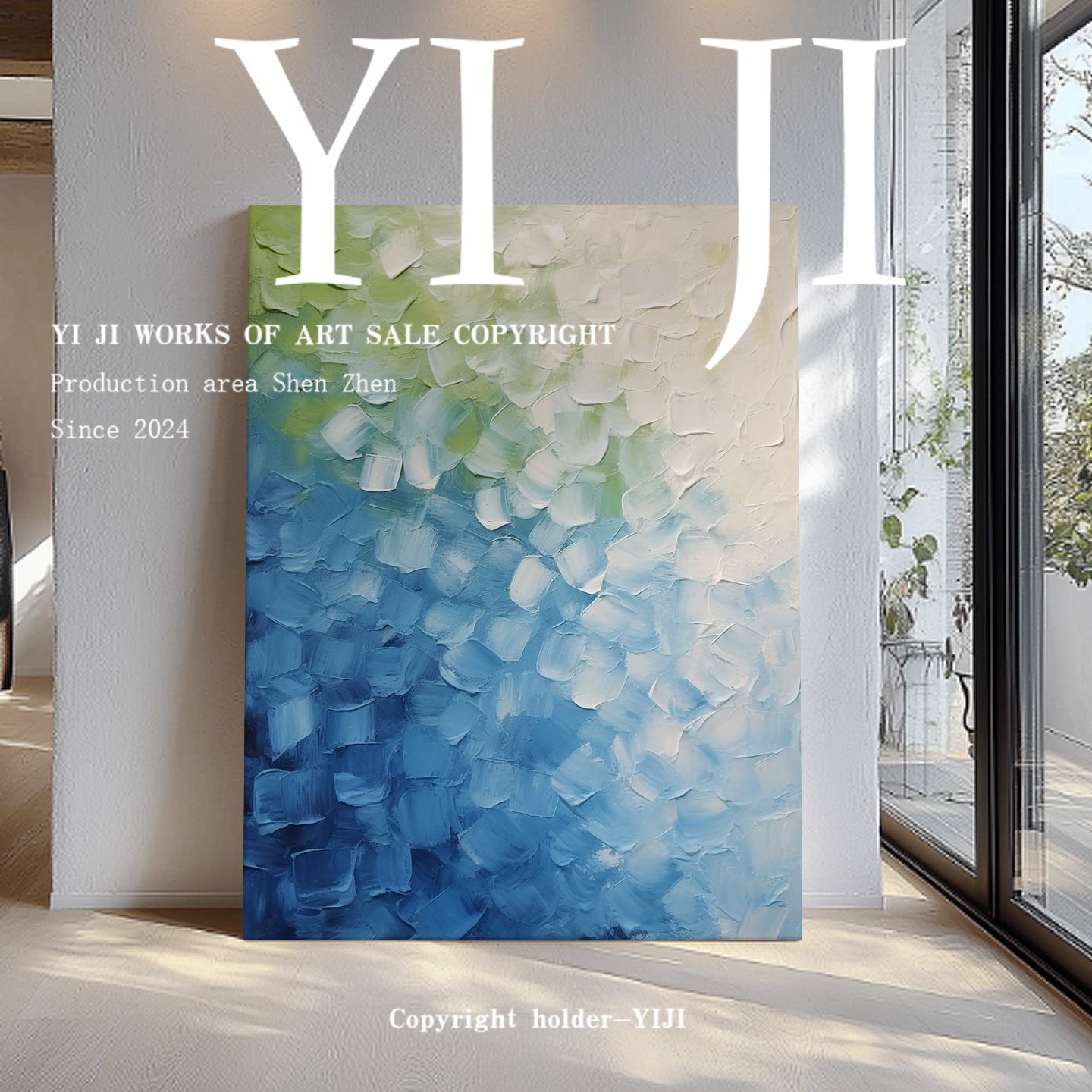 YJ.ART原创手绘《砂痕溯光》奶油风治愈系蓝绿抽象艺术卧室玄关画