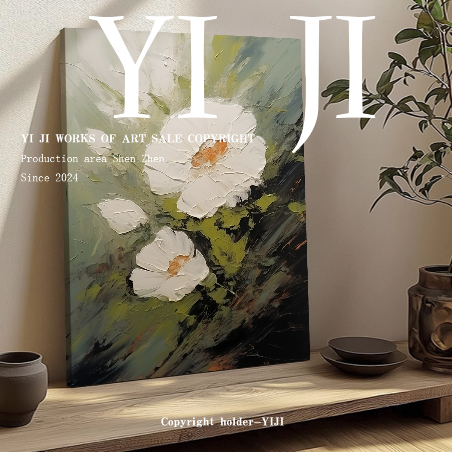 YJ.ART原创手绘《初绽谧语》简约侘寂风卧室花朵艺术手工高档挂画