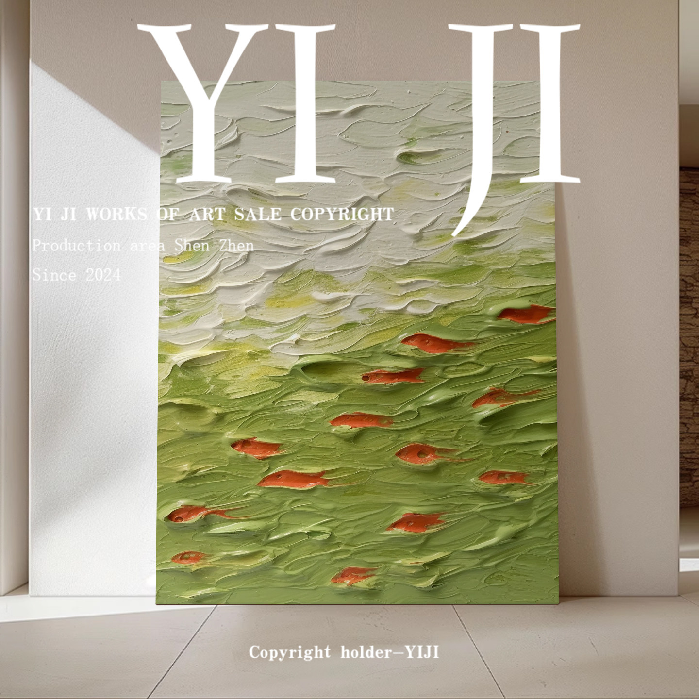 YJ.ART原创手绘《邂鳞溯彩》奶油风高级感抽象鱼水艺术卧室餐厅画