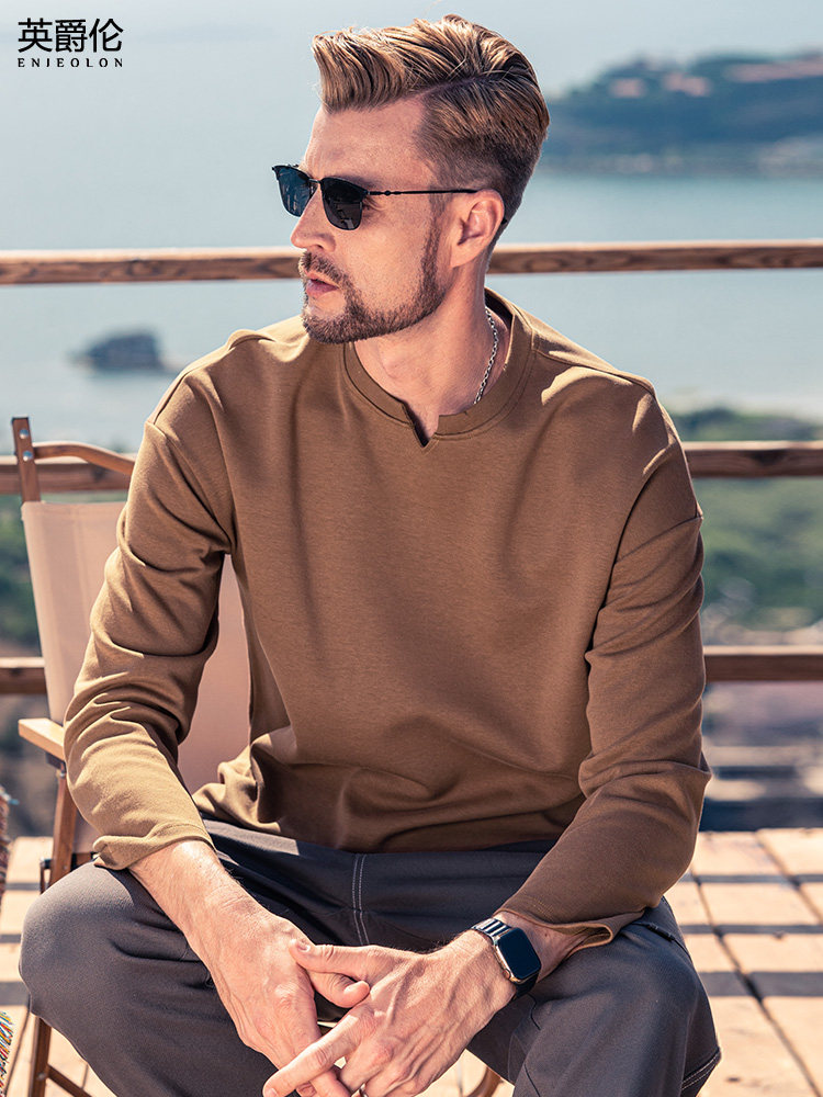 300g thick heavy men's long-sleeved T-shirt V-neck loose solid color T-shirt American base shirt spring and autumn top