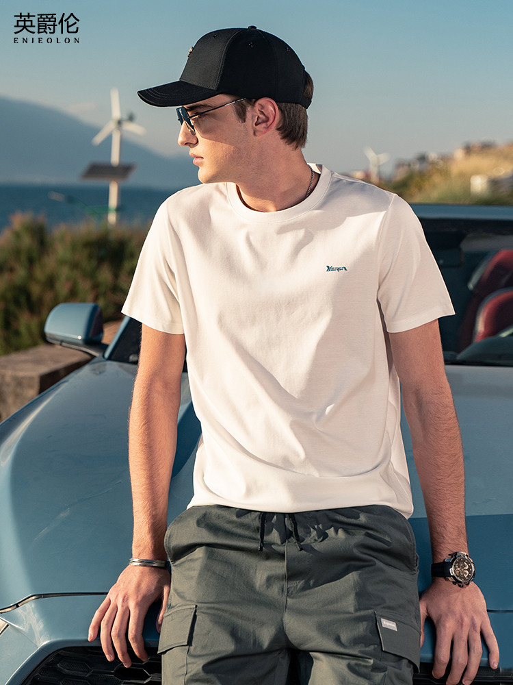 Smooth and cool feeling ice silk cotton short-sleeved T-shirt men's summer casual versatile embroidery men's half-sleeved front shoulder top thin