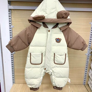 谷米熊婴儿羽绒连体衣秋冬季男宝宝轻薄三防鸭绒外出抱衣爬服冬装