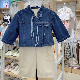 谷米熊女童牛仔三件套套装秋款女宝上衣裤儿童新中式国风外出秋装