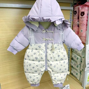 谷米熊婴儿冬装白鸭绒羽绒服女宝中国风可爱连体衣满月外出爬服