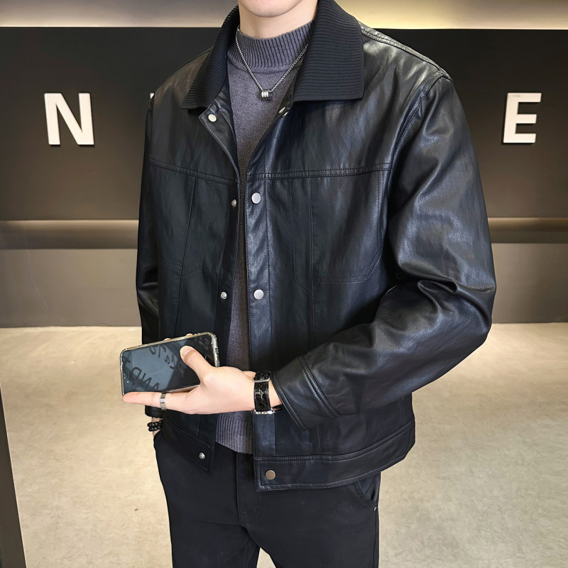 高级感翻领拼接pu皮羽绒服夹克男秋冬新款休闲痞帅机车皮衣外套潮